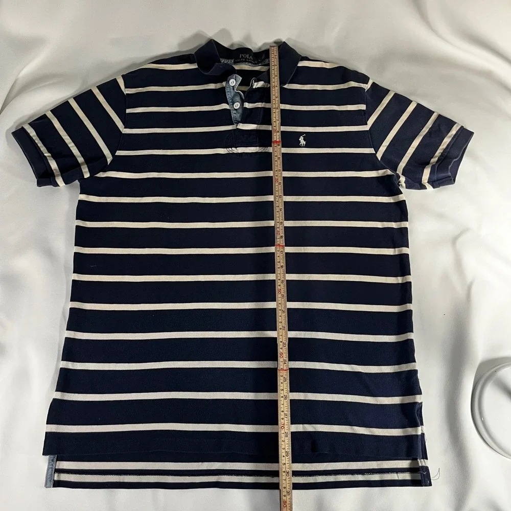 Polo Ralph Lauren Mens Large Navy White Striped Cotton Pique Short Sleeve Polo